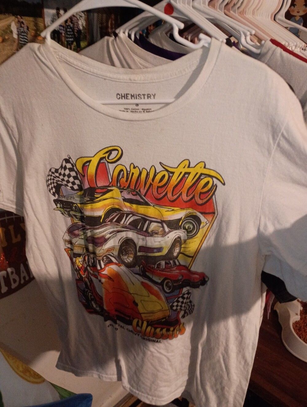 Chemistry White Corvette Graphic Tee with Yellow, Red and Black Accents-a12